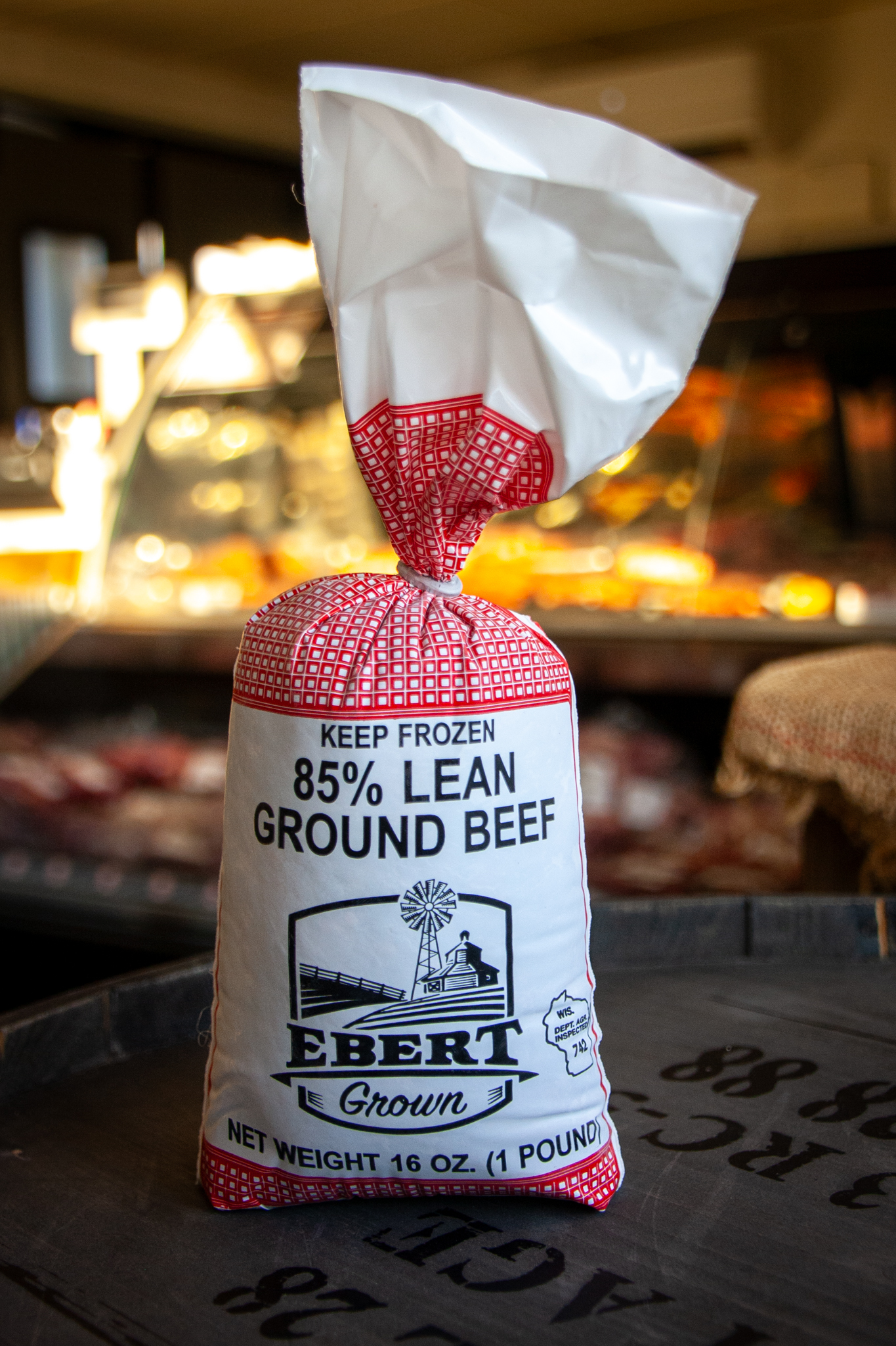 Ebert Grown Ground Beef tubes available at Salmon's Meat Products and online for shipping